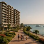 Apartemen modern dengan latar pelabuhan ferry di Batam
