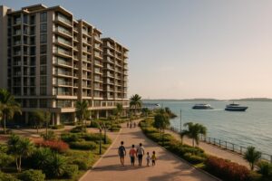 Apartemen modern dengan latar pelabuhan ferry di Batam