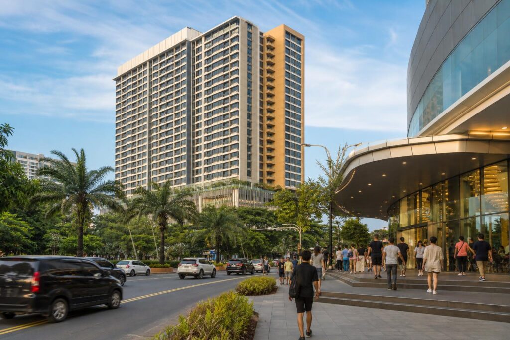 Gedung apartemen modern dekat pusat perbelanjaan di Batam dengan akses pejalan kaki ke mall
