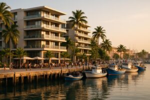 Eksterior apartemen modern dekat kawasan pelabuhan dan restoran seafood di Batam, suasana sore dengan pencahayaan hangat