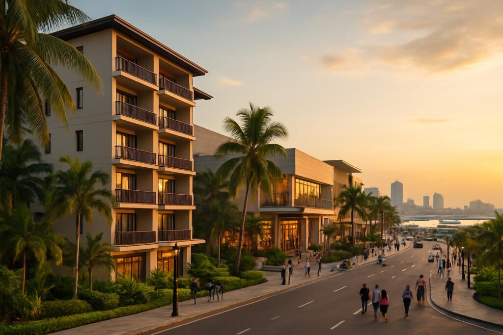 Gedung apartemen modern dekat pusat perbelanjaan di Batam pada sore hari