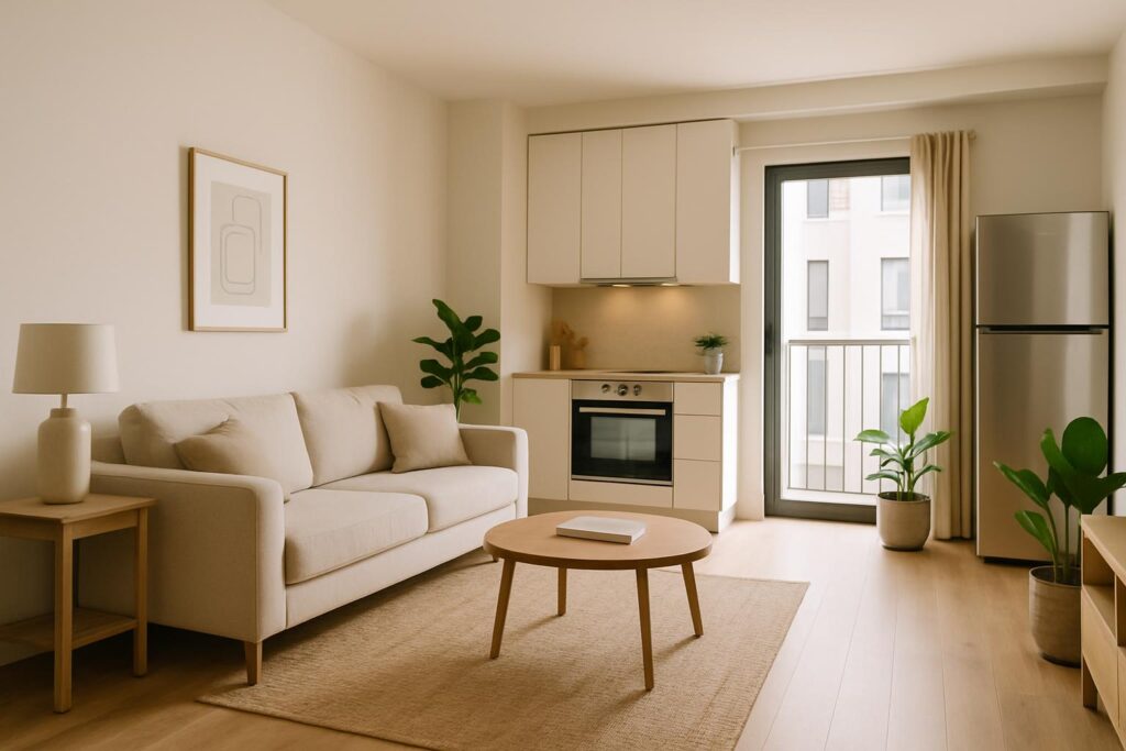 Interior apartemen full furnished modern, ruang tamu dan dapur terbuka