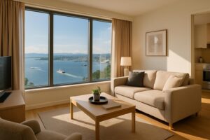 Interior apartemen modern yang nyaman dengan pemandangan kota Batam di luar jendela
