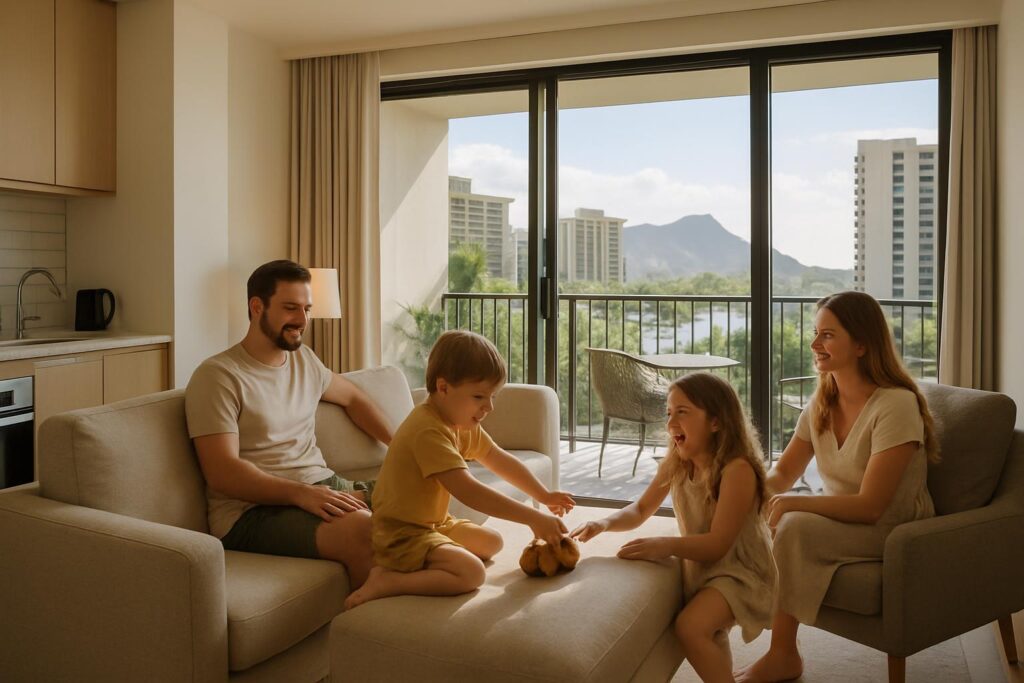 Keluarga menikmati staycation di ruang tamu apartemen modern di Batam