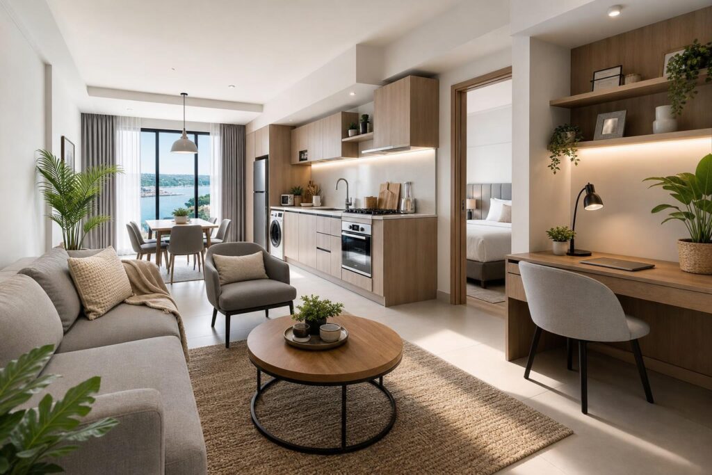 Interior apartemen di Batam dengan ruang tamu, dapur lengkap, area kerja, dan pemandangan kota