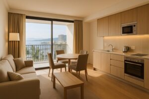 Interior apartemen modern dengan ruang tamu, dapur lengkap, dan balkon menghadap kota untuk hunian long stay di Batam