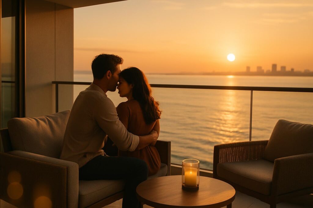 Pasangan menikmati pemandangan matahari terbenam dari balkon apartemen romantis di Batam