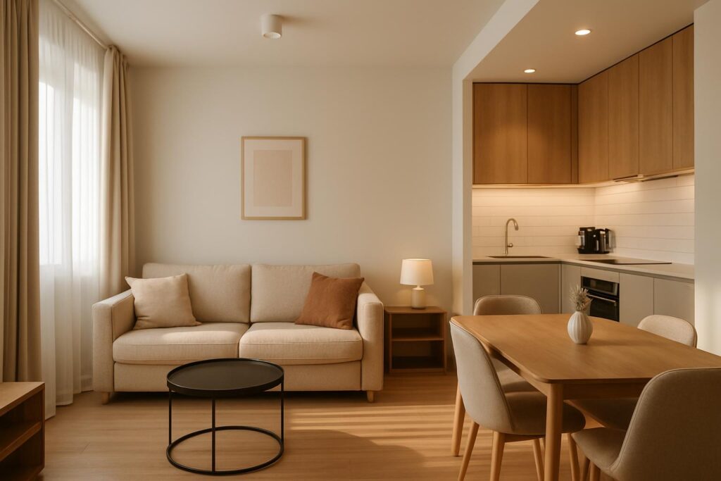 Interior apartemen modern dengan ruang tamu dan dapur terbuka