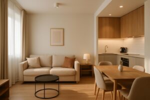 Interior apartemen modern dengan ruang tamu dan dapur terbuka