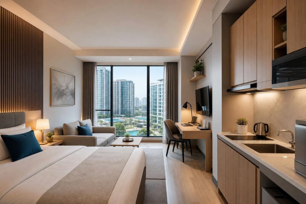 Interior apartemen studio di Batam dengan area tidur, dapur compact, meja kerja, dan pemandangan kota dari jendela