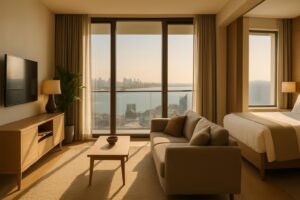 Interior apartemen dan kamar hotel modern yang menampilkan suasana staycation nyaman di Batam