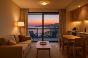 Interior apartemen modern dengan pemandangan kota dan area santai untuk staycation