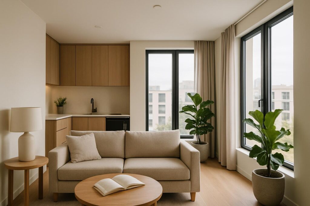 Interior apartemen modern dengan ruang tamu, dapur mini, dan pencahayaan alami yang membuat suasana nyaman