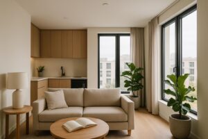 Interior apartemen modern dengan ruang tamu, dapur mini, dan pencahayaan alami yang membuat suasana nyaman