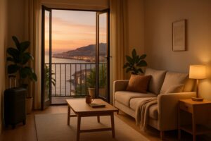 Interior apartemen modern nyaman dengan sofa dan balkon menghadap pemandangan kota pesisir saat matahari terbenam