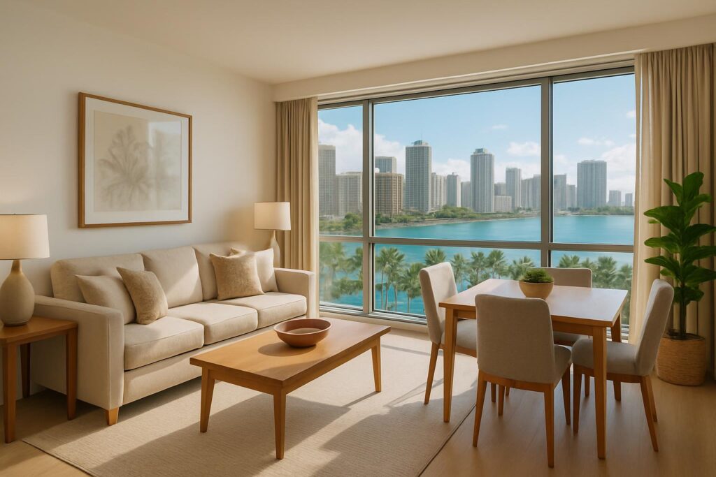 Interior apartemen modern di Batam dengan ruang tamu nyaman