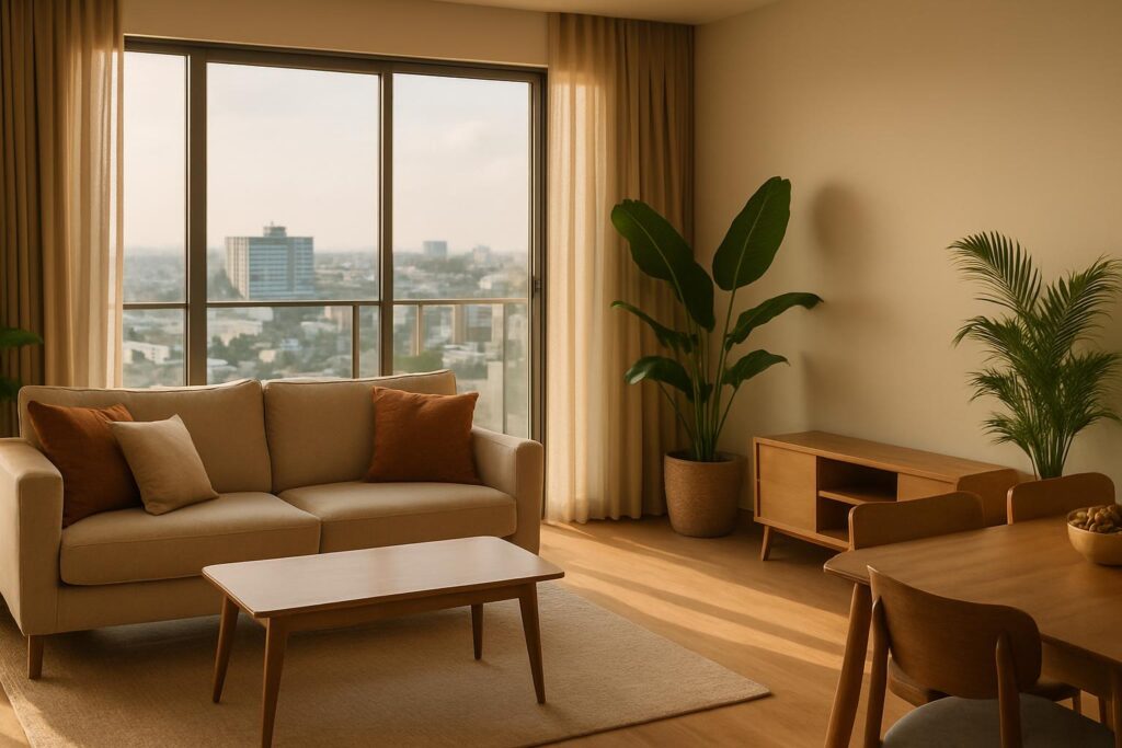Interior apartemen nyaman di Baloi, Batam dengan ruang tamu berperabot modern dan pemandangan kota