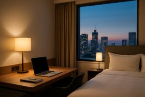 Kamar hotel bisnis di Batam dengan meja kerja dan kursi