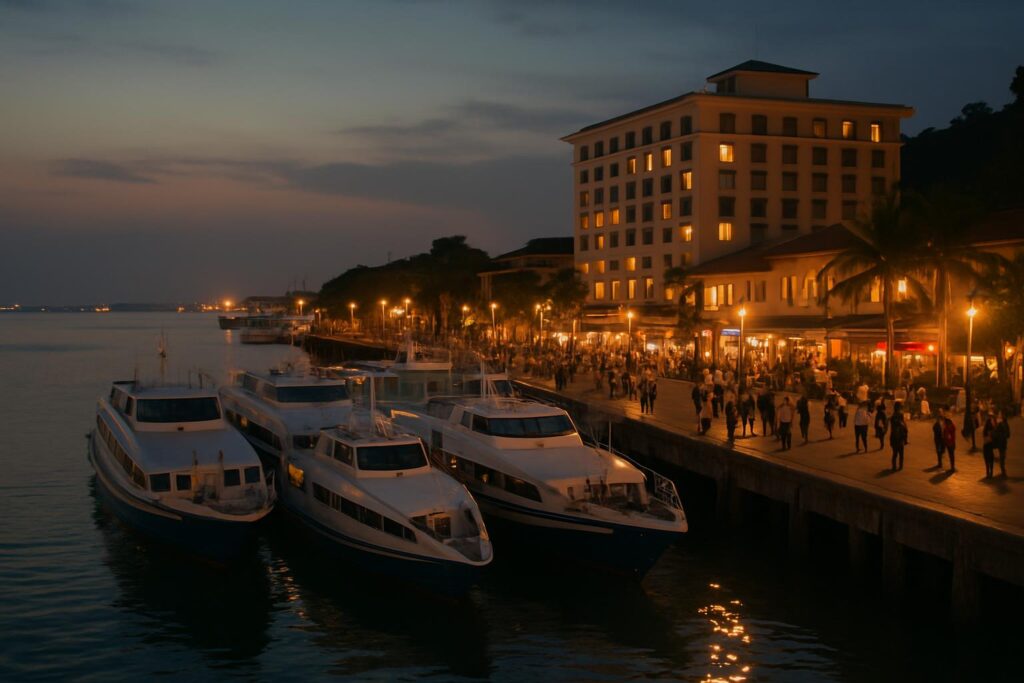 Pemandangan dermaga dan hotel dekat Pelabuhan Harbour Bay Batam di sore hari