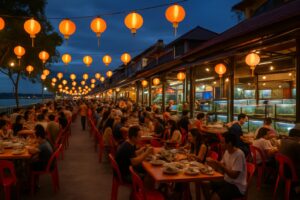 Suasana jalan kuliner malam di Batam dengan restoran pinggir jalan dan pencahayaan hangat