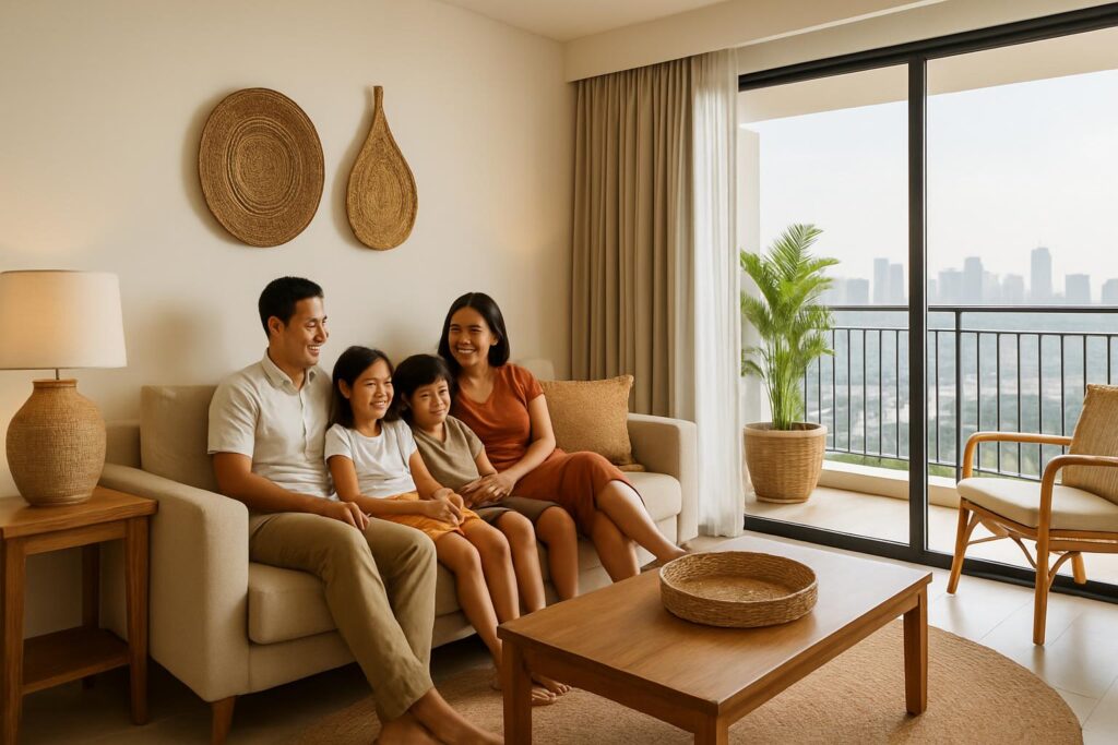 Keluarga bersantai di ruang apartemen modern selama staycation