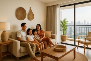 Keluarga bersantai di ruang apartemen modern selama staycation
