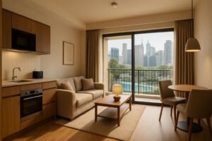 Interior apartemen nyaman untuk staycation dengan area santai dan pemandangan kota Batam