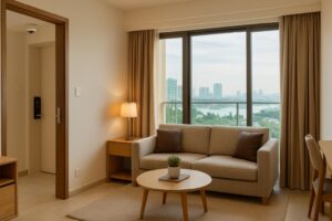 Interior apartemen harian yang nyaman dengan fokus pada keamanan dan kenyamanan tamu