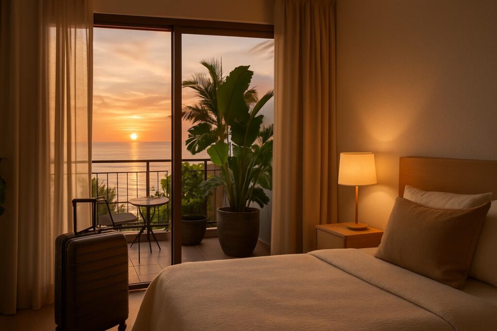Kamar apartemen modern dengan pemandangan laut di Batam, suasana santai untuk weekend escape