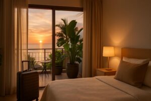 Kamar apartemen modern dengan pemandangan laut di Batam, suasana santai untuk weekend escape
